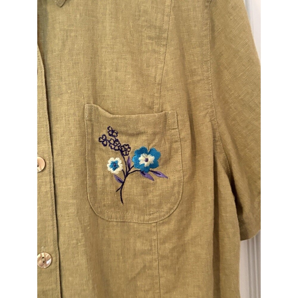 Sag Harbor Linen Blend Embroidered Floral Short Sleeve Button Shirt Women Large - Picture 3 of 6